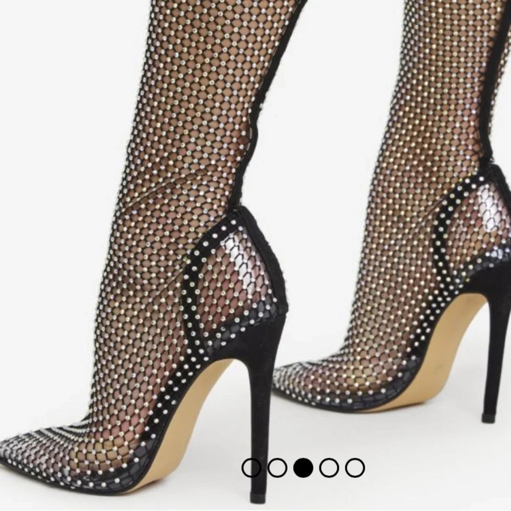 DIAMANTE DETAIL POINTED TOE STILETTO HEEL ANKLE HIGH SOCK BOOT IN BLACK FISHNET - Picture 3 of 9